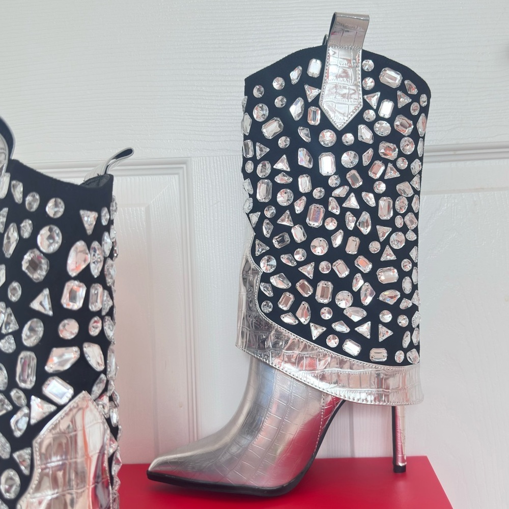 Lauren Lorraine Silver Crystal Rhinestone Western Stiletto Boots Black Suede - Picture 6 of 11